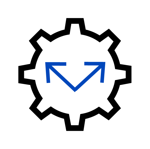 an icon of a gear in a black outline with blue arrows pointing in two different directions